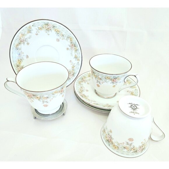 3 Noritake Spring Field Teacup Saucers delicate flowers vtg  Japan silver rim - Picture 3 of 6